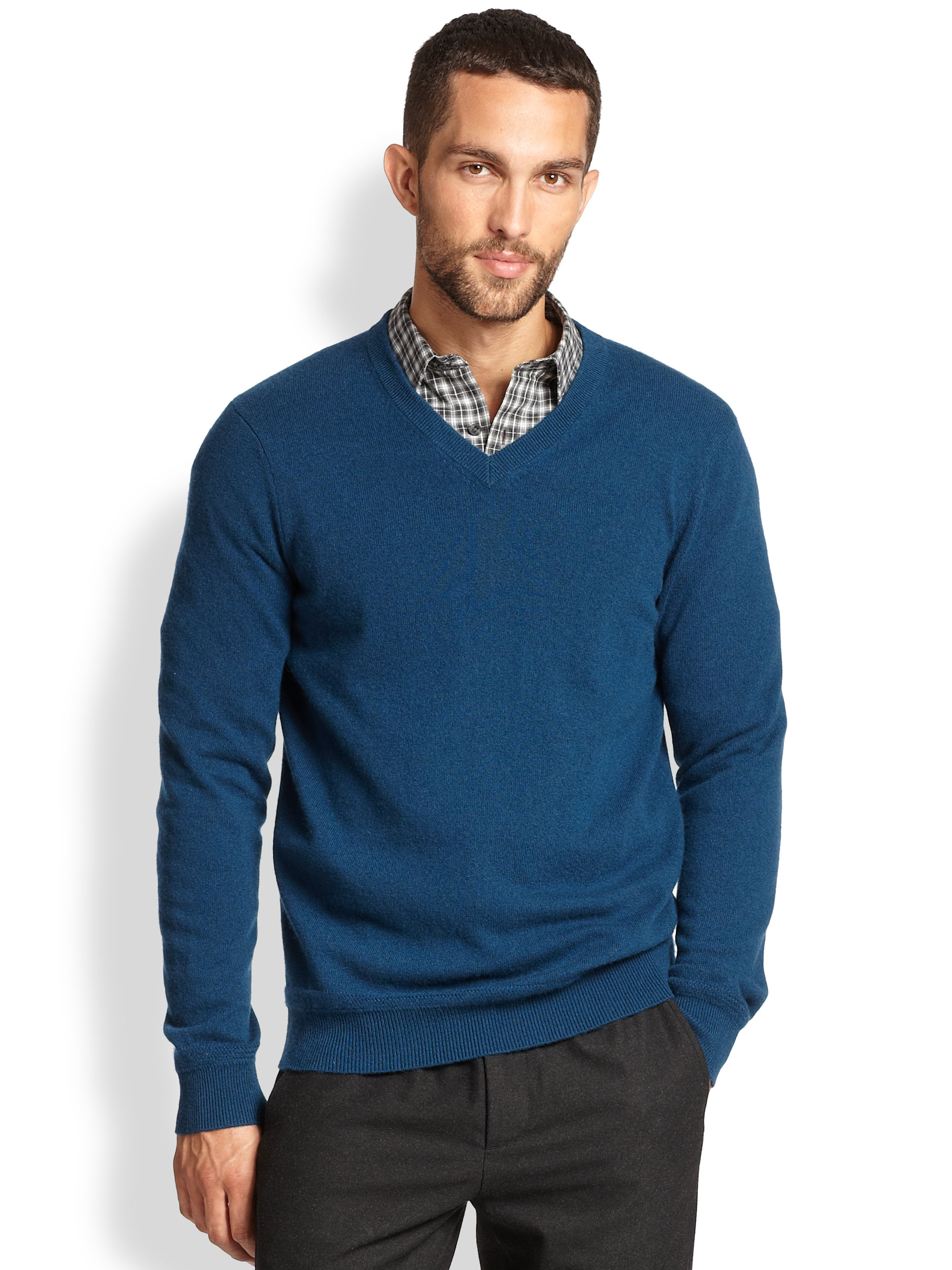 Vince Cashmere V-neck Sweater in Blue for Men - Lyst