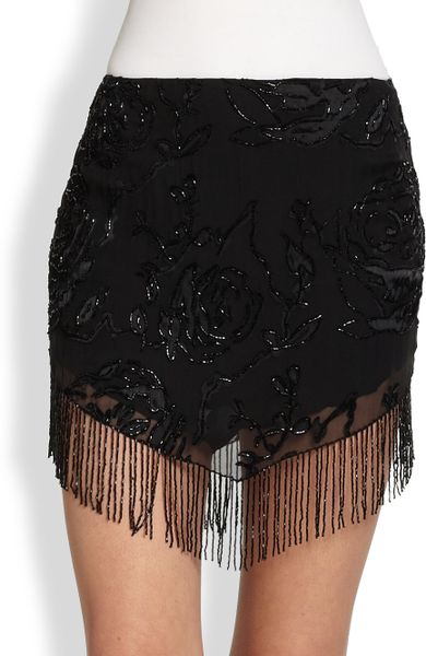 Haute Hippie Beaded Fringed Mini Skirt in Black | Lyst