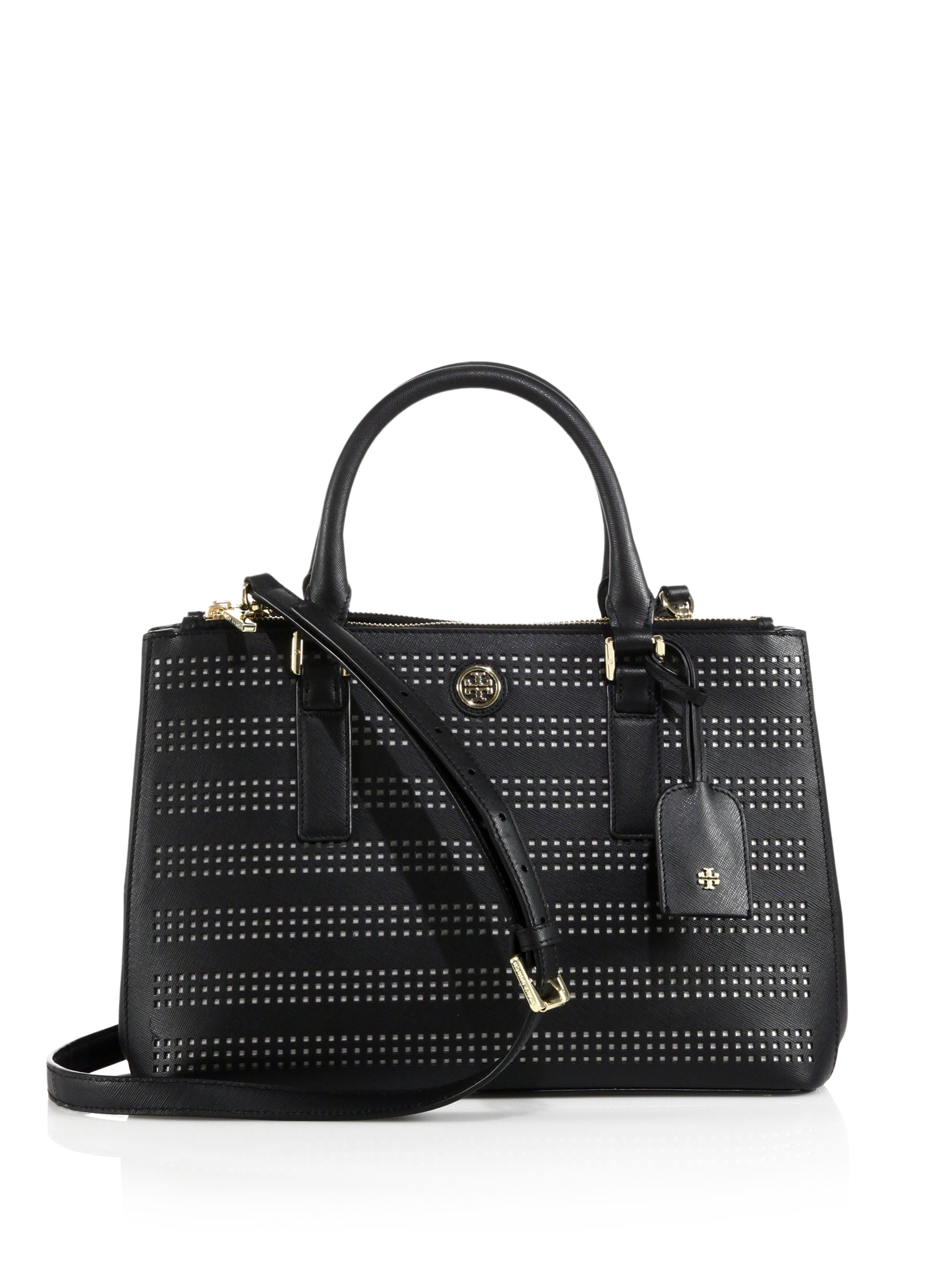 Tory burch Robinson Perforated Mini Double-Zip Tote in Black | Lyst