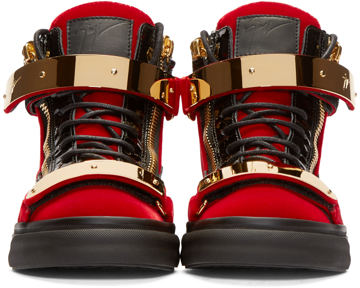 Lyst - Giuseppe zanotti Red & Black Velour High-top London Sneakers in ...