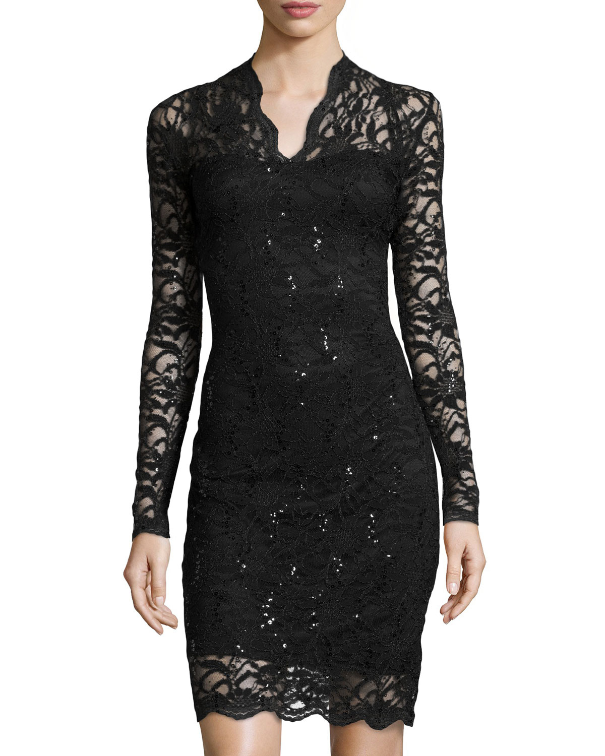 Marina Long Sleeve V Neck Lace Cocktail Dress In Black Lyst 