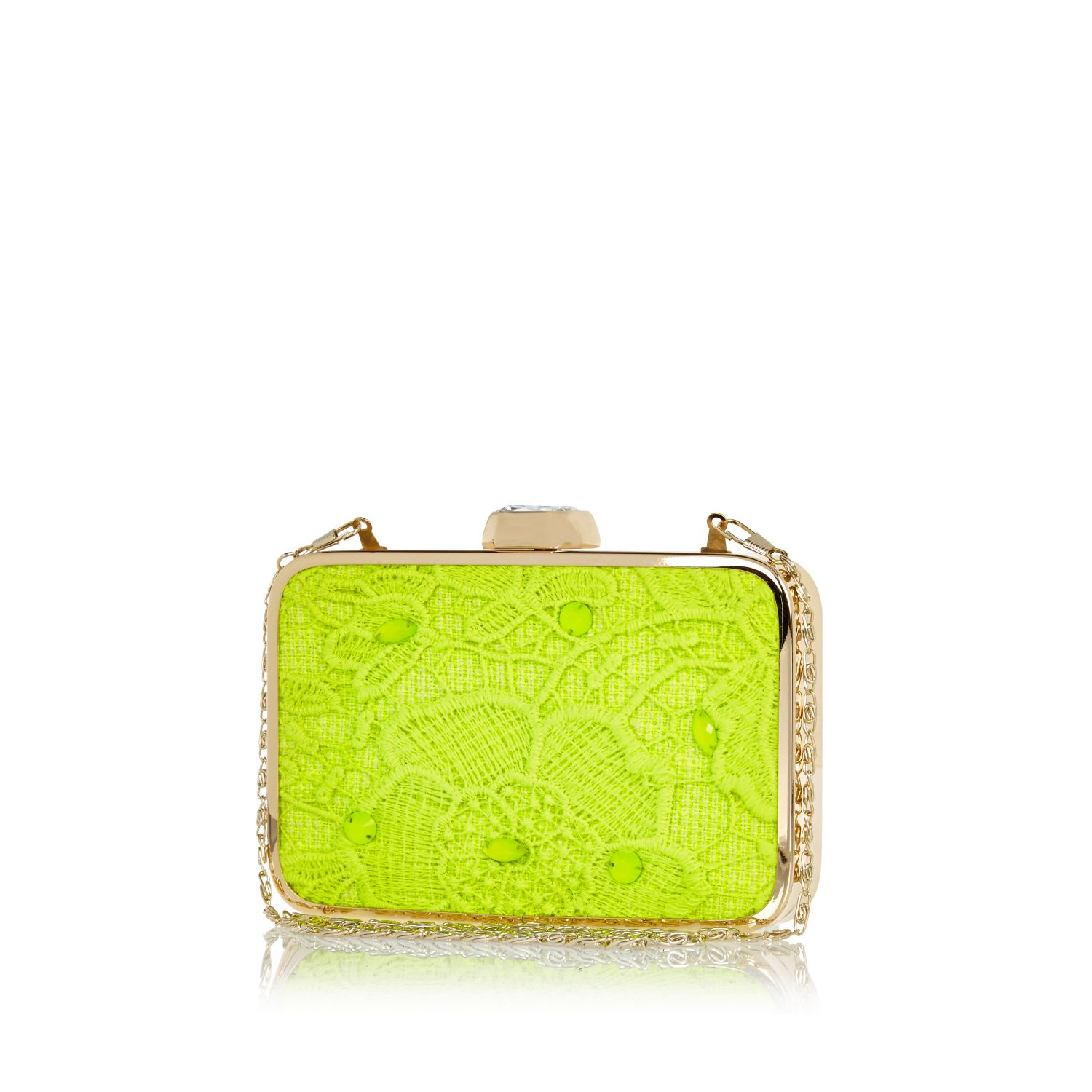River island Lime Lace Box Clutch Bag in Green (gold) | Lyst