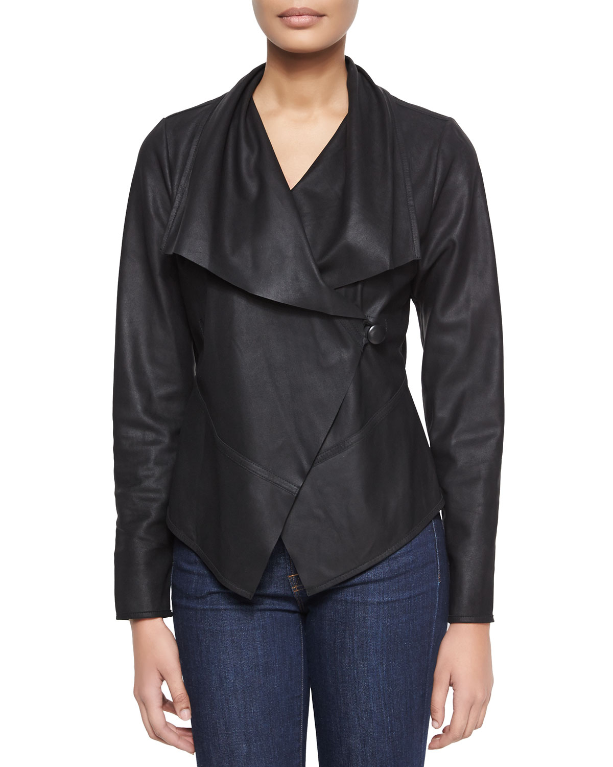 Bagatelle Asymmetric Cascading Collar Leather Jacket in Black | Lyst