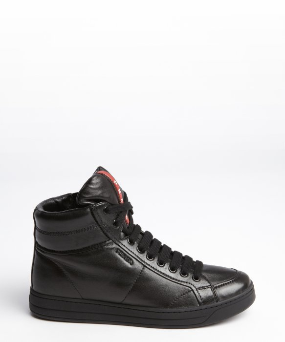 Prada Black Leather Lace Up High Top Sneakers in Black for Men | Lyst