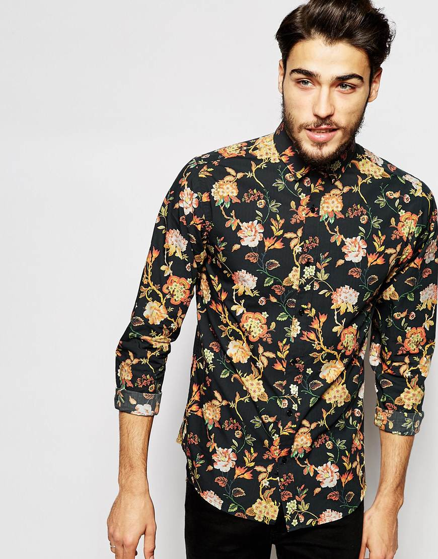 Lyst - Selected Spread Collar Shirt With All Over Floral Print in Black ...