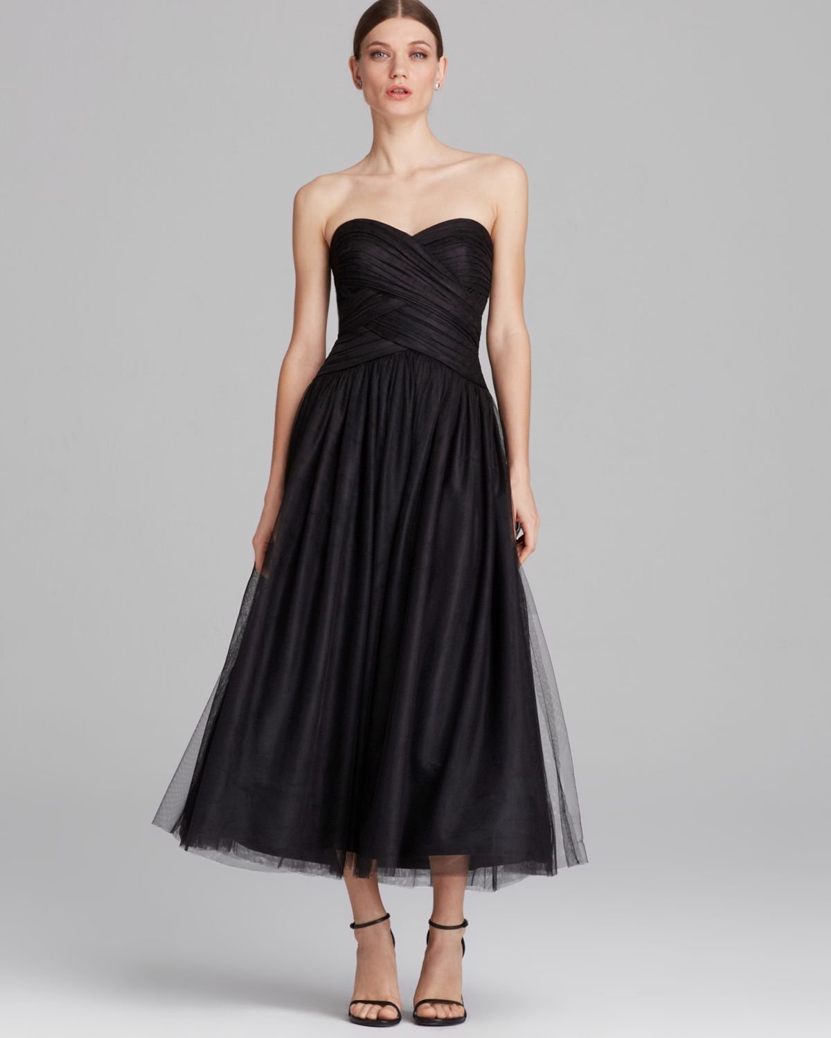black strapless tea length dress