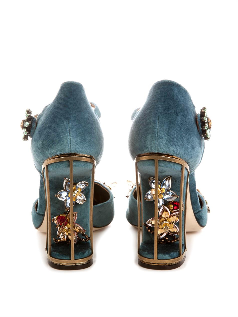 Lyst - Dolce & Gabbana Embellished Velvet Cage-heel Pumps in Blue