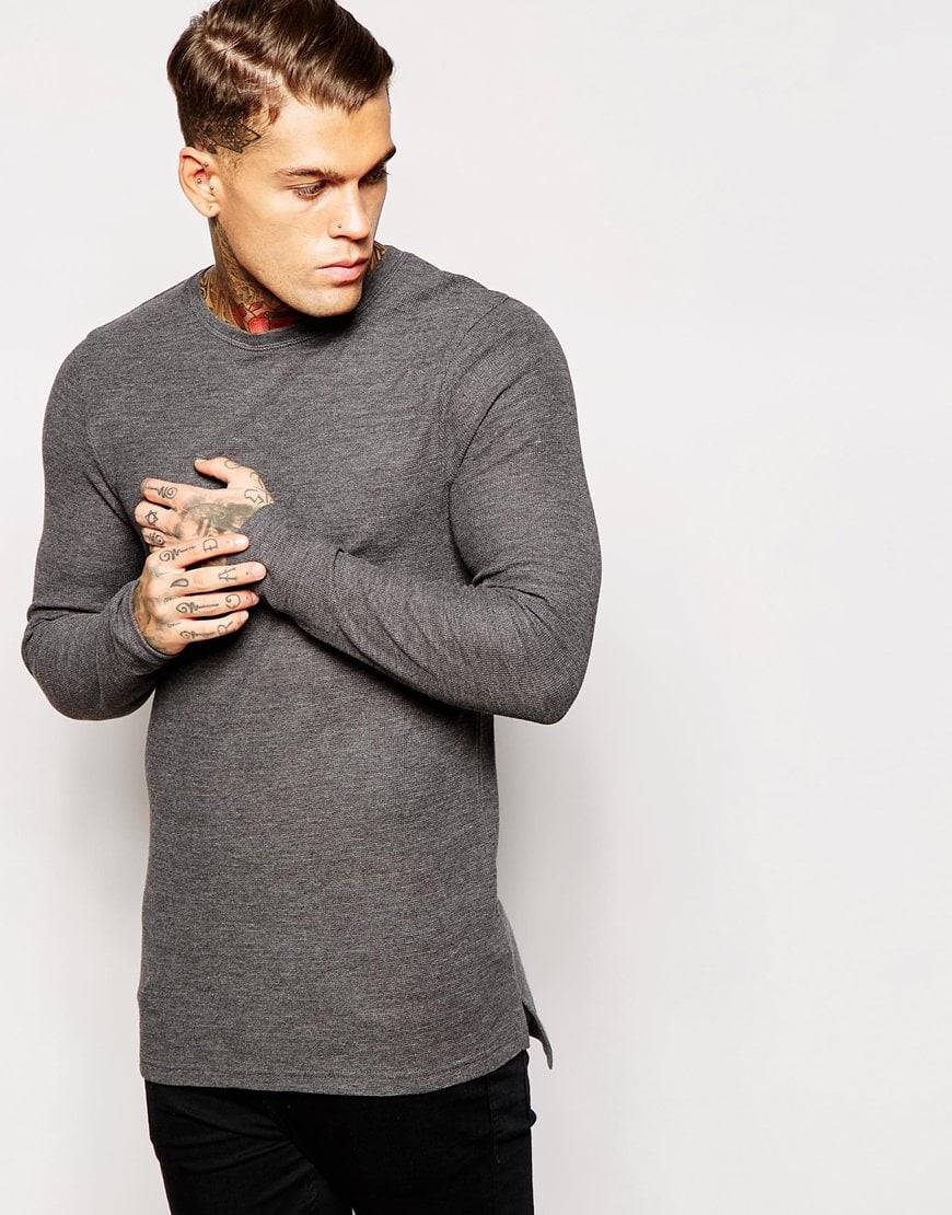 Lyst - Asos Muscle Fit Longline Long Sleeve T-shirt In Waffle Fabric in ...