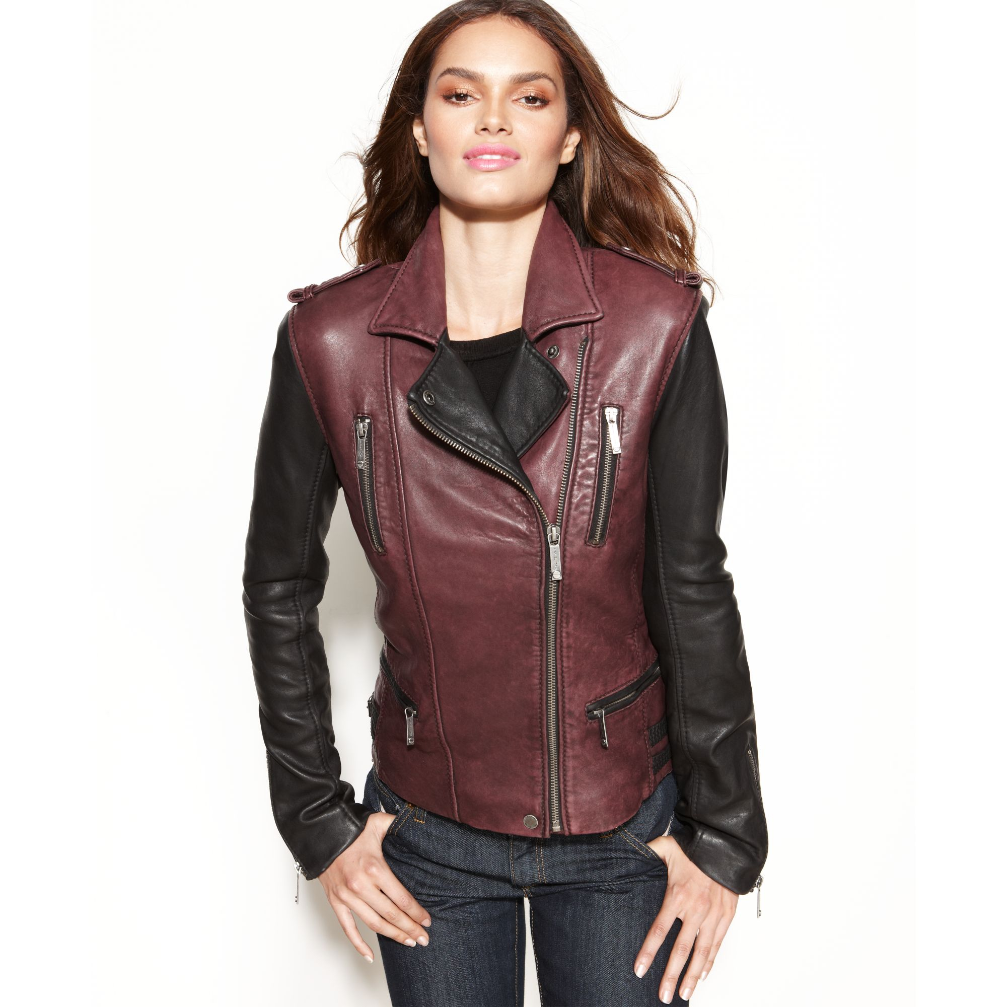 Lyst - Michael Kors Leather Colorblock Motorcycle Jacket in Red