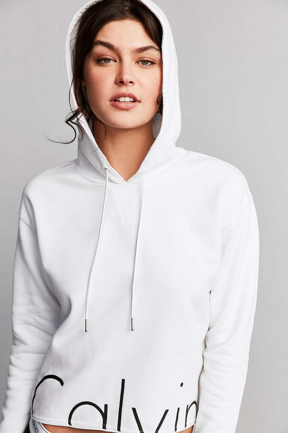 Calvin klein Modern Cropped Hoodie Sweatshirt in White | Lyst