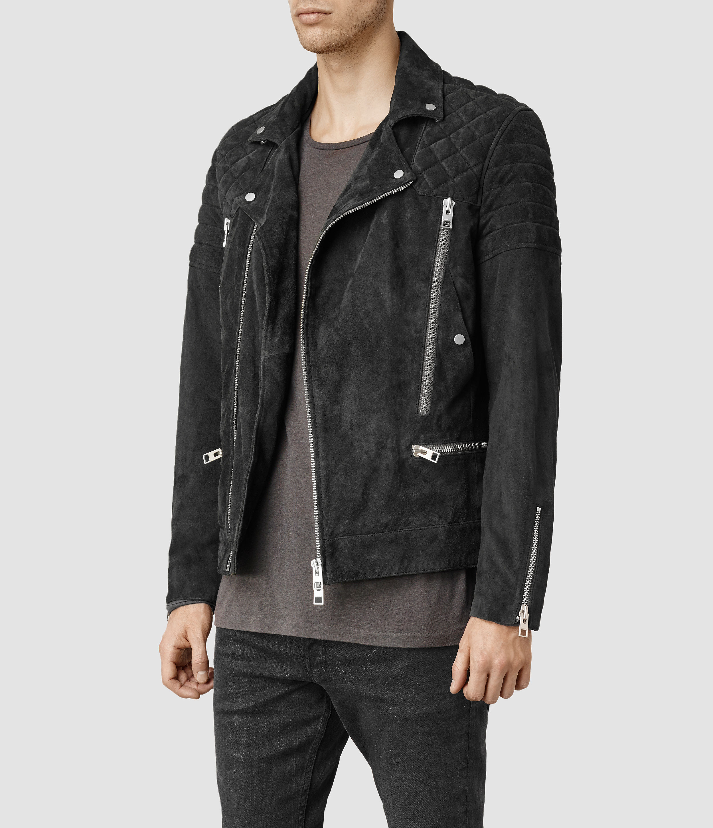 Lyst Allsaints Imara Suede Biker Jacket In Black For Men Gallery Men S Ski Jackets Brown Suede
