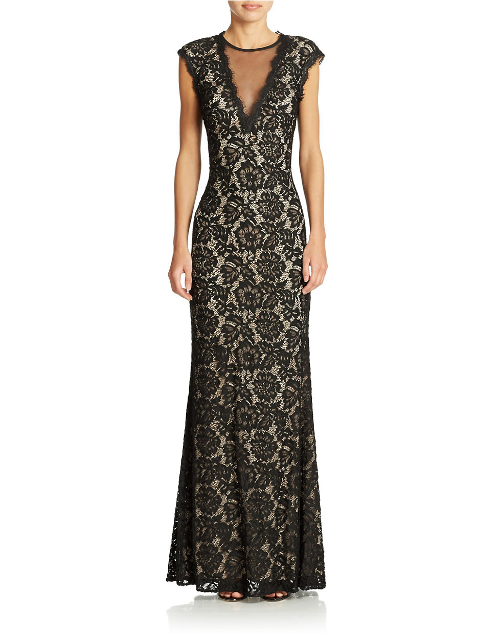 Betsy And Adam Illusion V Neck Lace Gown In Black Lyst