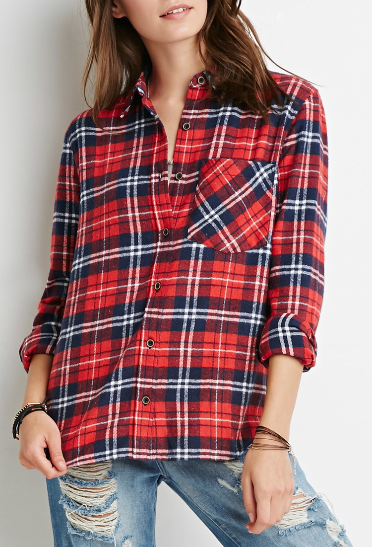 Forever 21 Classic Plaid Flannel Shirt In Red Rednavy Lyst