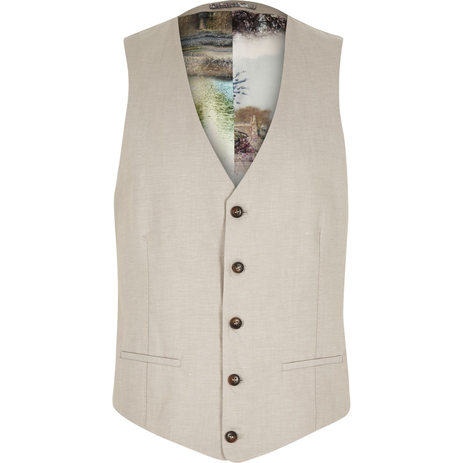 River island Beige Linenblend Print Lined Waistcoat in Natural for Men