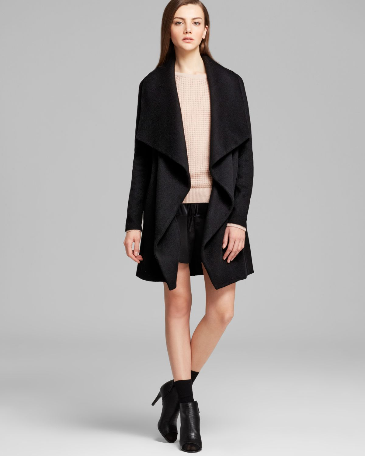 Lyst Vince Coat Asymmetric Leather Trim In Black Gallery