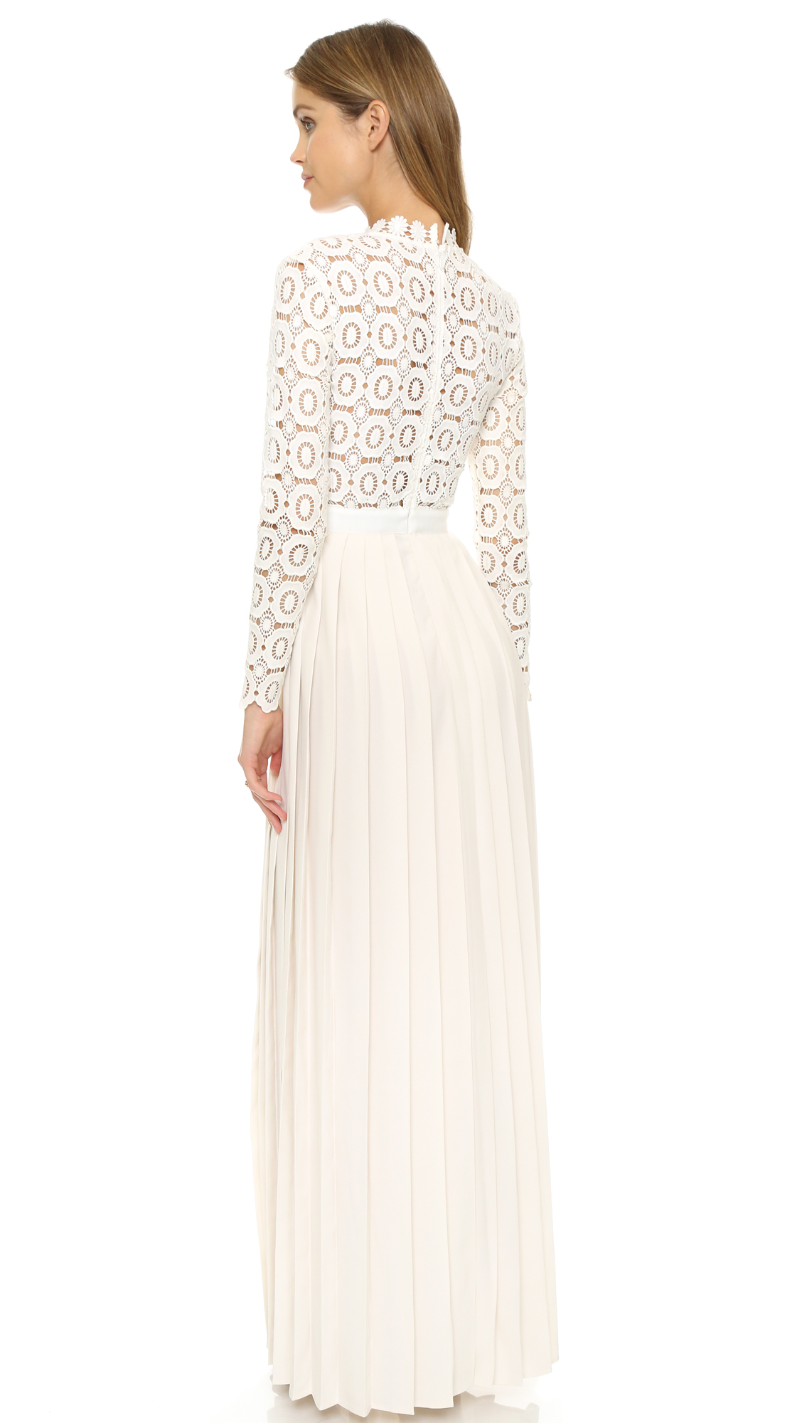 Self-Portrait Pleated Crochet Crepe Maxi Dress in Natural - Lyst