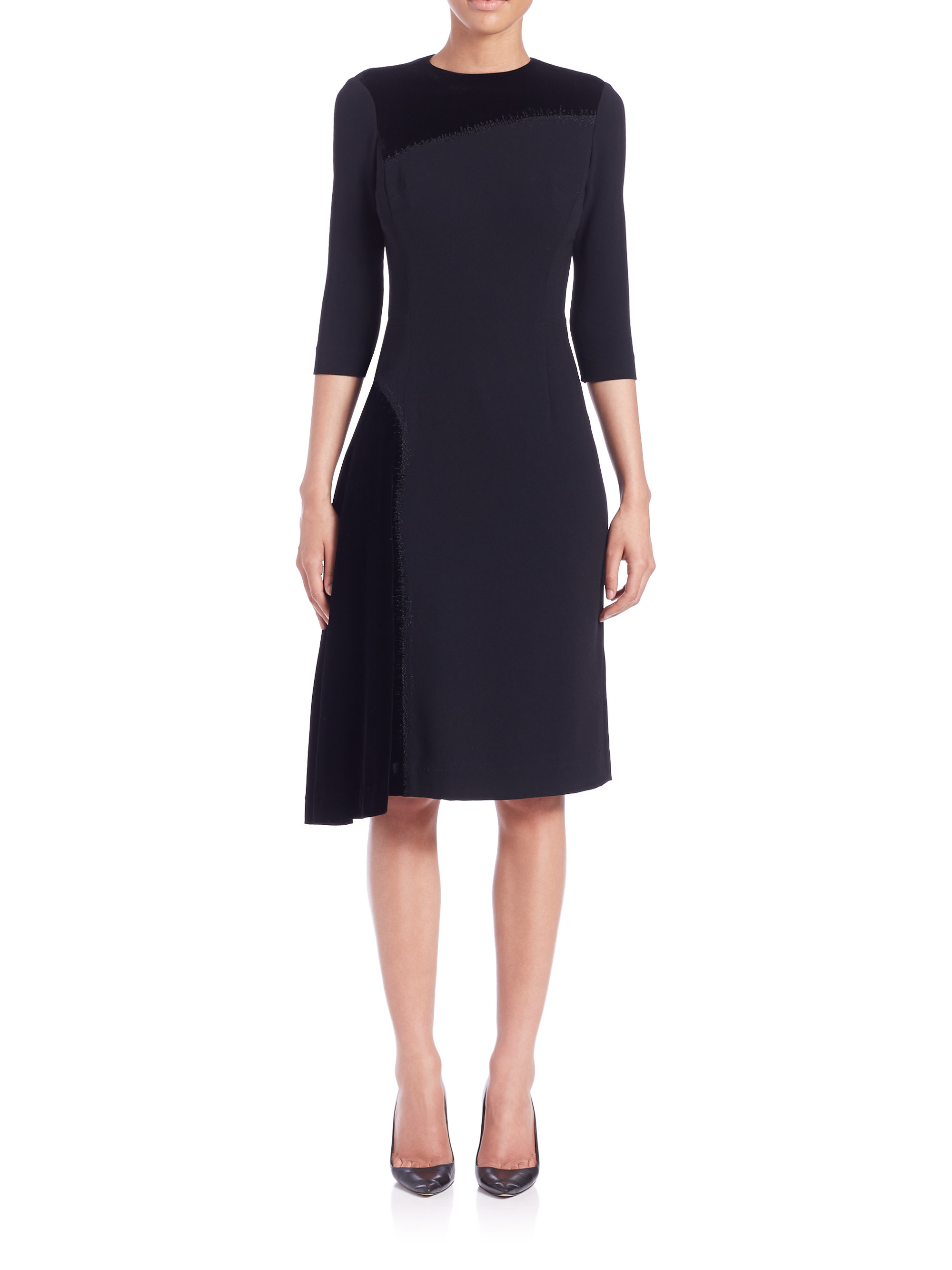 Lyst - Teri Jon Velvet Three-quarter Sleeve Asymmetrical Dress in Black