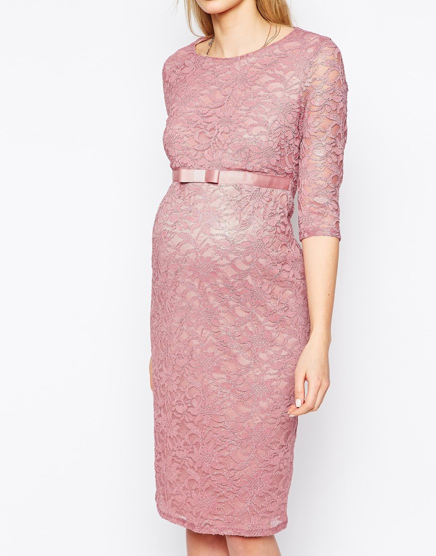 Lyst Asos Maternity Lace Bodycon Dress With 3/4 Sleeve And Ribbon
