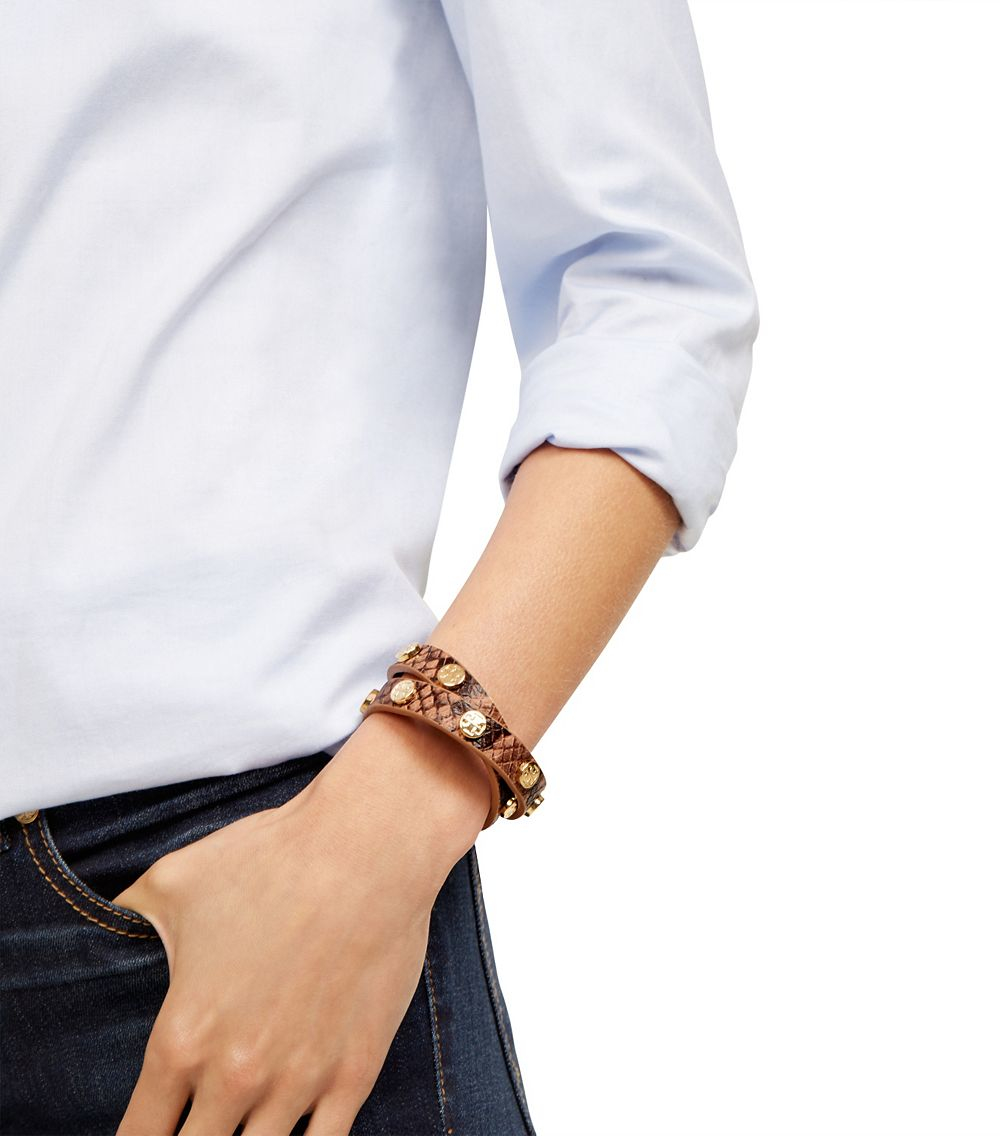 Lyst Tory Burch Double Wrap Logo Stud Bracelet In Brown Gallery