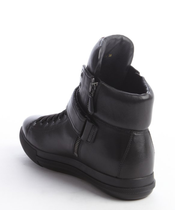 Prada Black Leather Zip Detail Velcro Strap High Top Sneakers in ...  