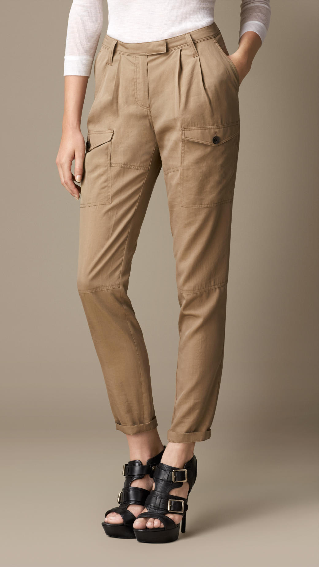 Lyst - Burberry Silk Blend Patch Pocket Trousers in Natural