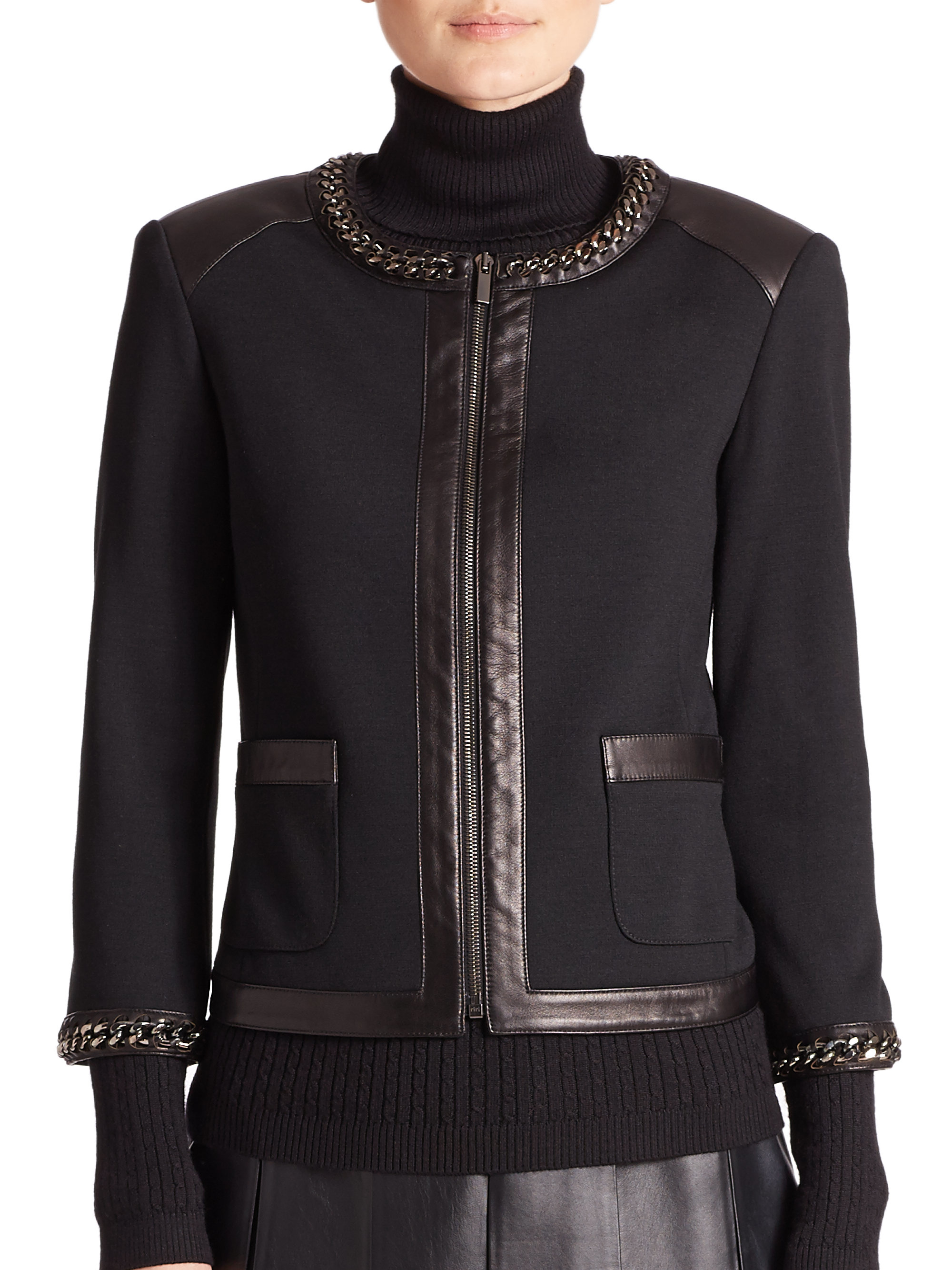 Lyst - St. John Leather- And Chain-trimmed Knit Jacket in Black
