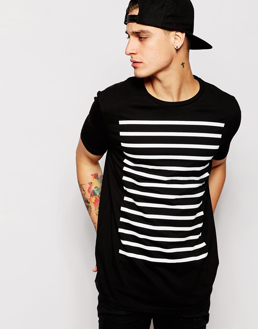 Asos Longline T-shirt With Stripe Print in Black for Men | Lyst