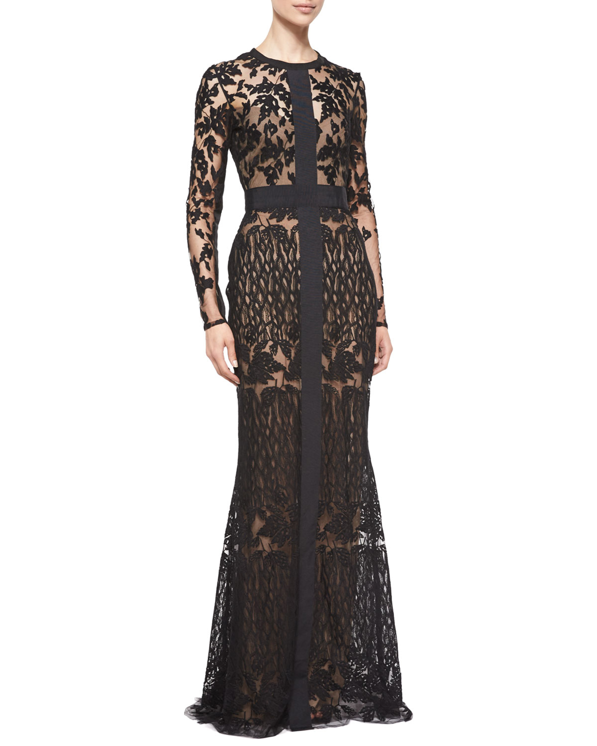 Elie saab Long-Sleeve Sheer Embroidered Lace Gown in Black | Lyst