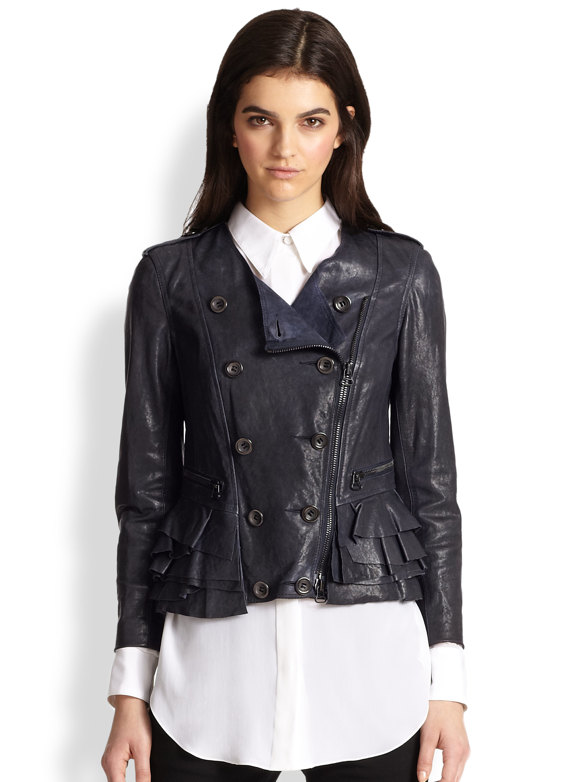 3 1 Phillip Lim Leather Ruffle Jacket In Blue Lyst Gallery