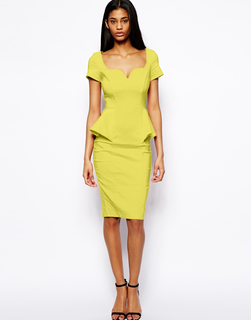 Asos Pencil Dress with Peplum and Sweetheart Neck in Yellow | Lyst