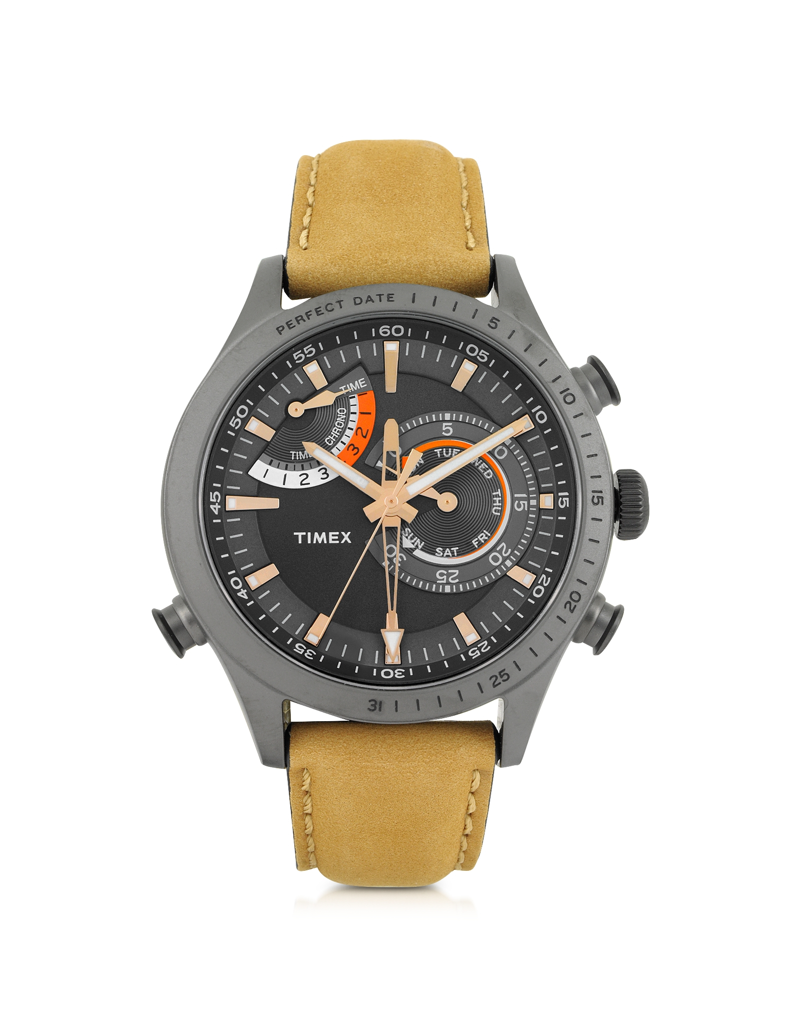 Timex Chrono Timer Gray Stainless Steel Case And Tan Leather Strap Men