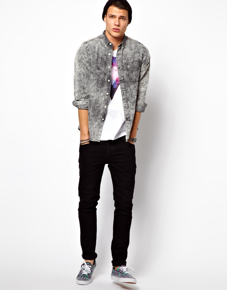 Lyst - Asos Denim Shirt In Long Sleeve With Black Acid Wash In Black 