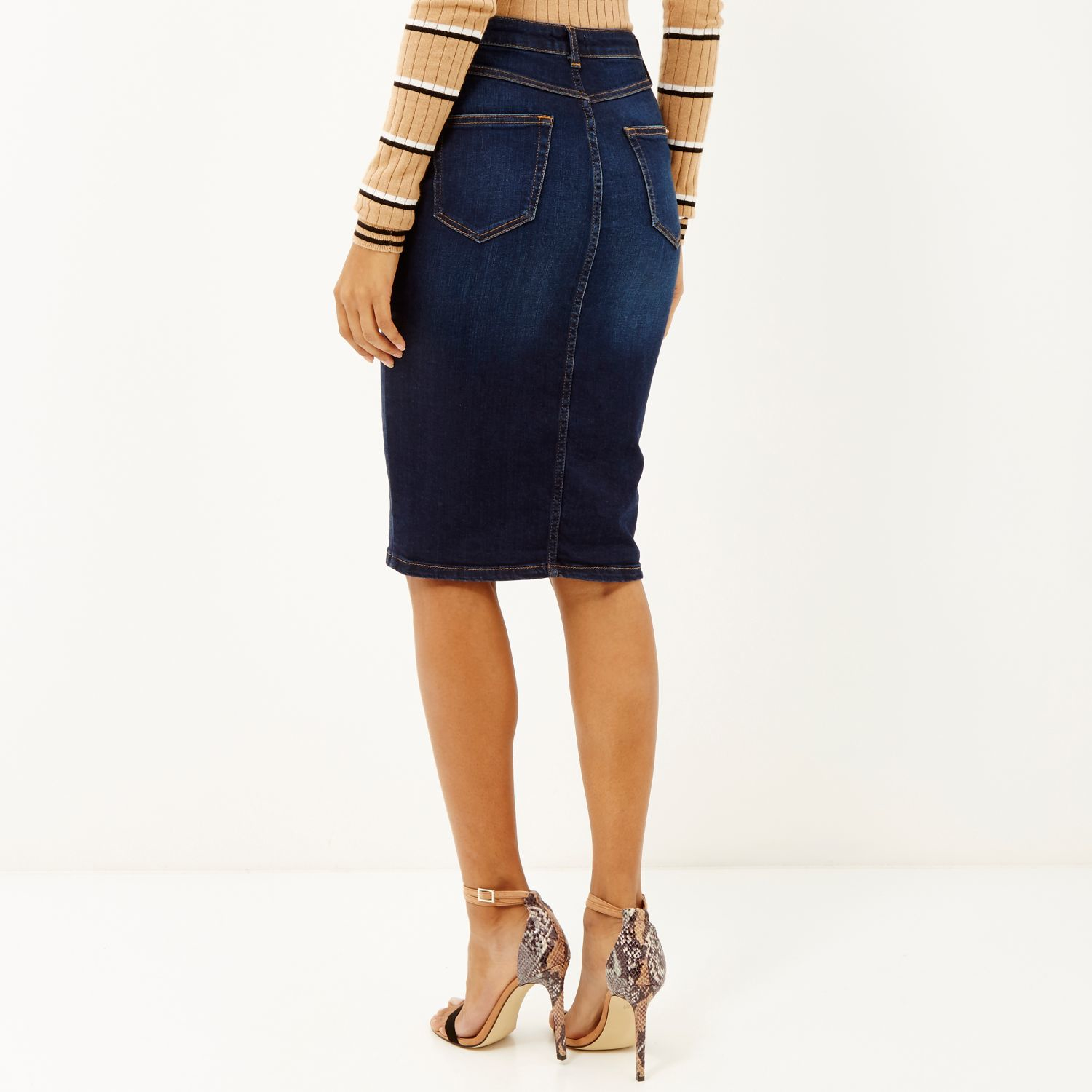 Lyst River Island Dark Denim Button Up Midi Pencil Skirt In Blue 3097