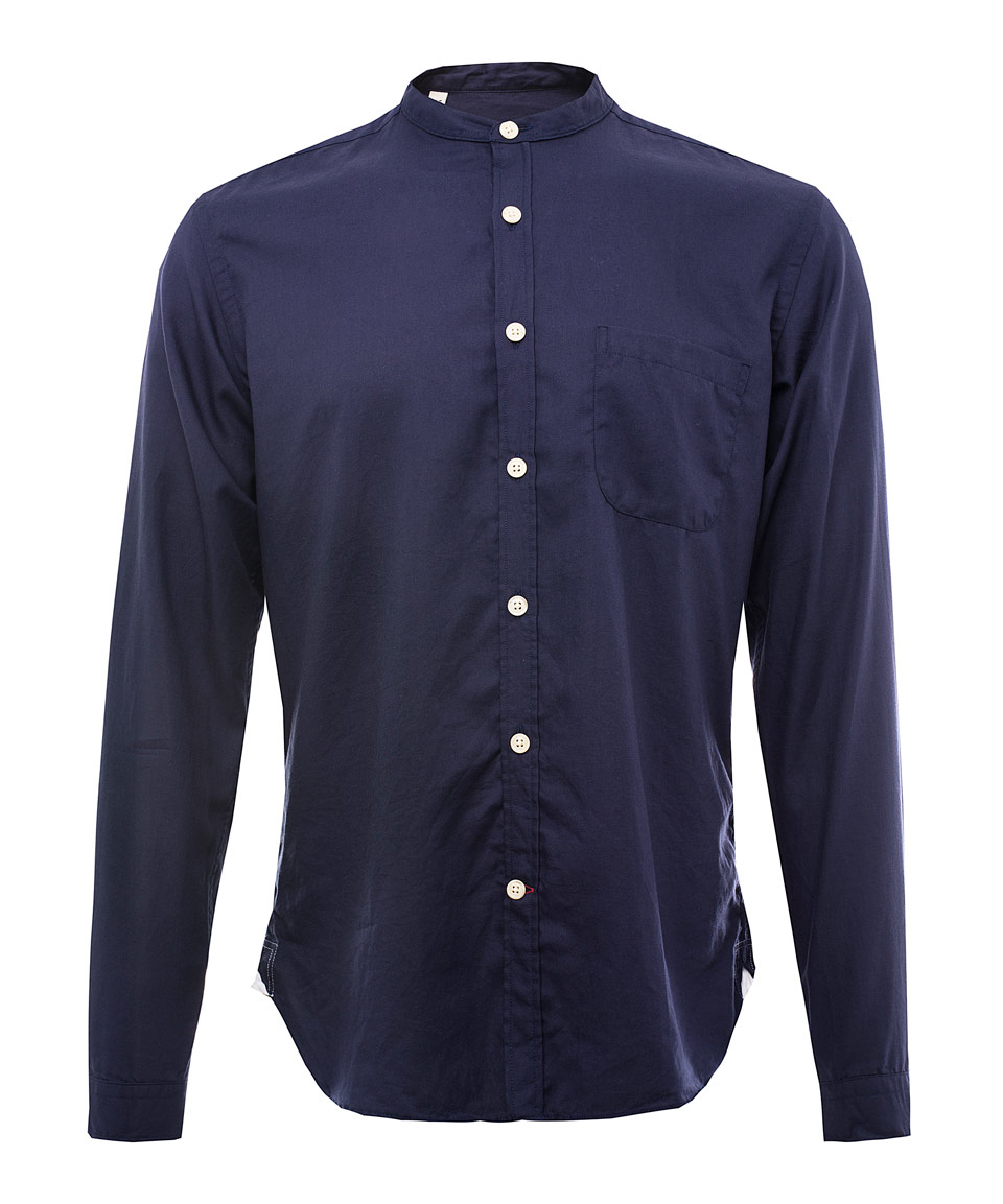 Oliver spencer Navy Grandad Collarless Cotton Shirt in Blue for Men | Lyst