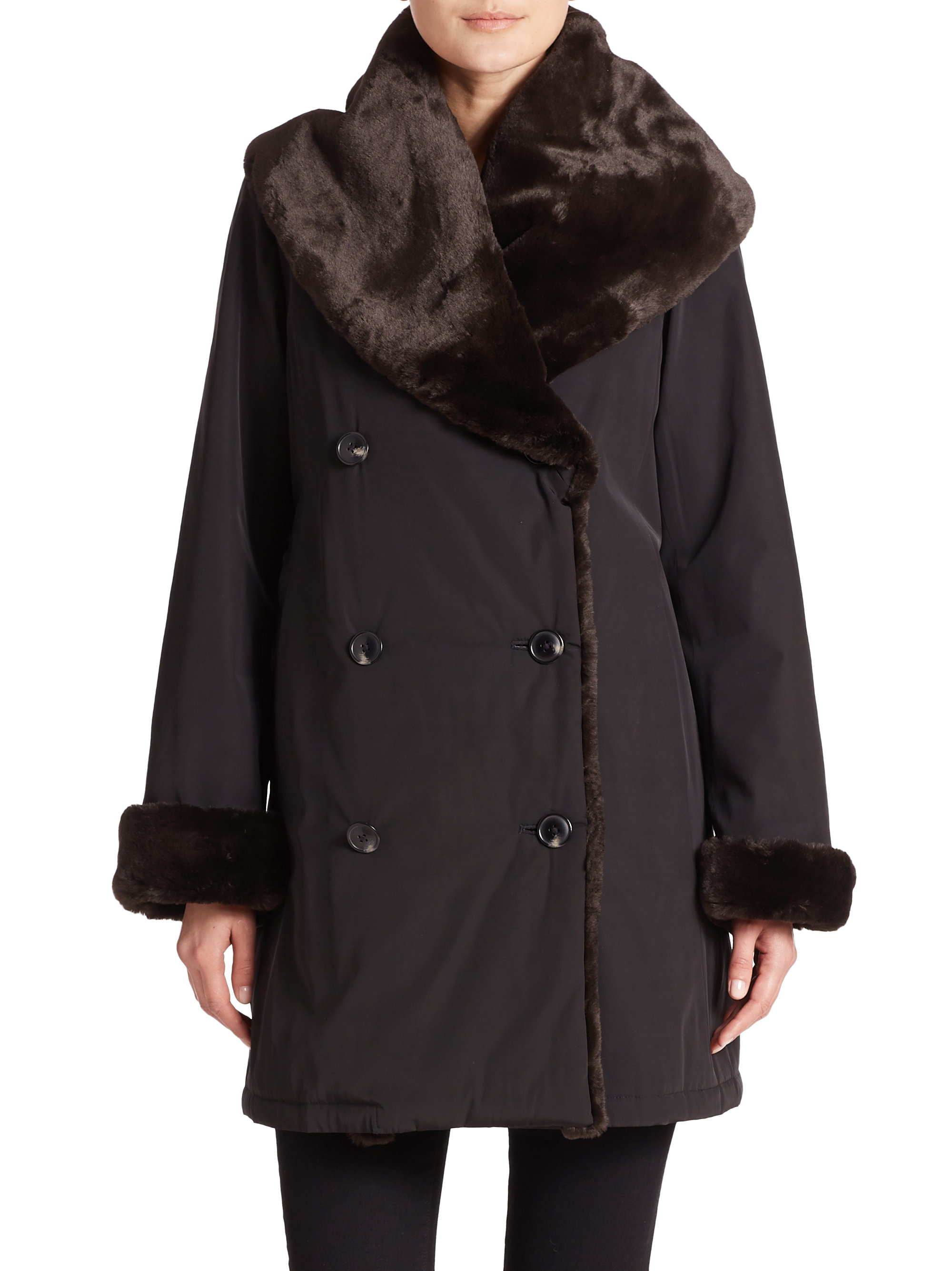 Jane post Faux Fur Shawl-collar Coat in Black | Lyst