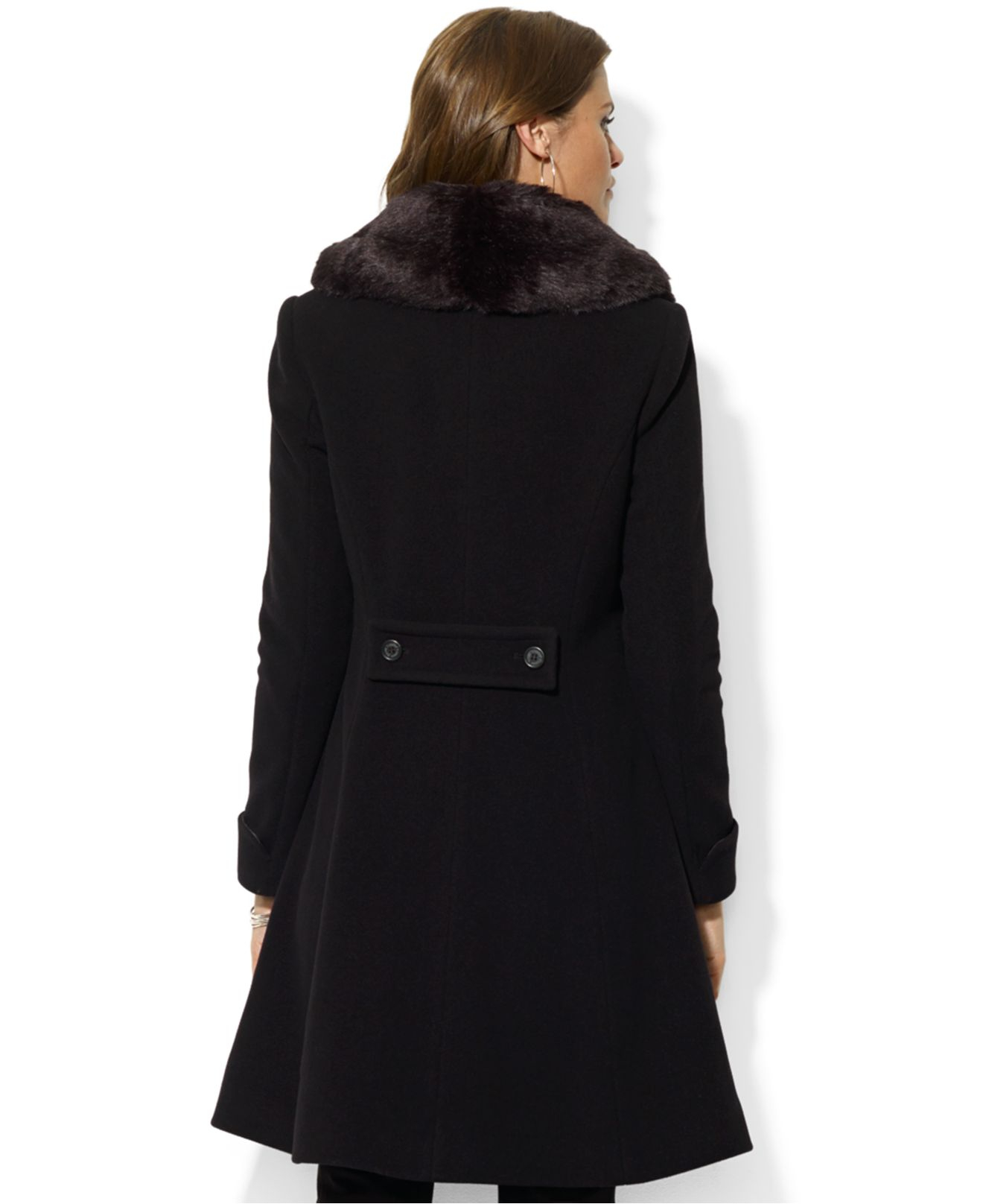 Lauren by ralph lauren Faux-Fur-Collar A-Line Coat in Black | Lyst