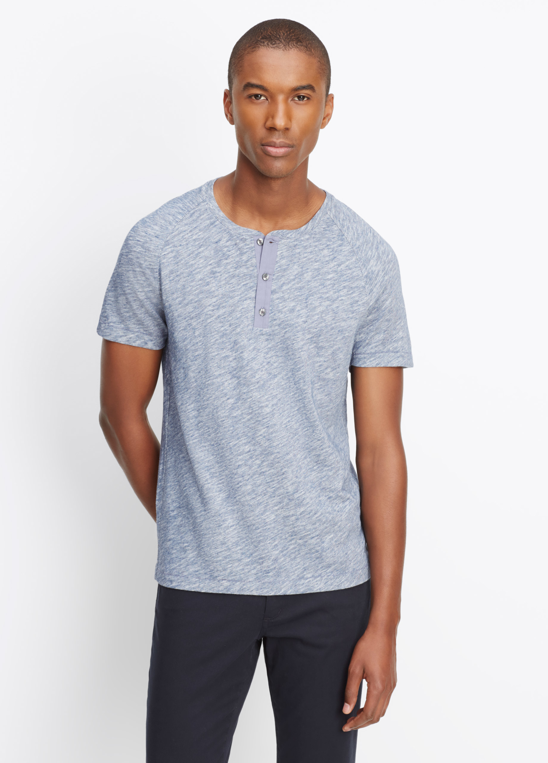 Vince Cotton Short Sleeve Henley With Contrast Placket in Blue for Men
