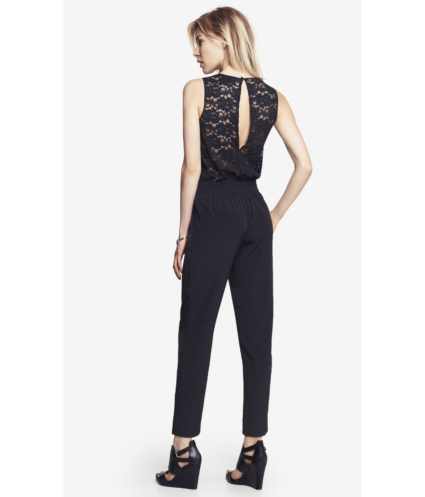 Lyst Express Pieced Lace Jumpsuit in Black