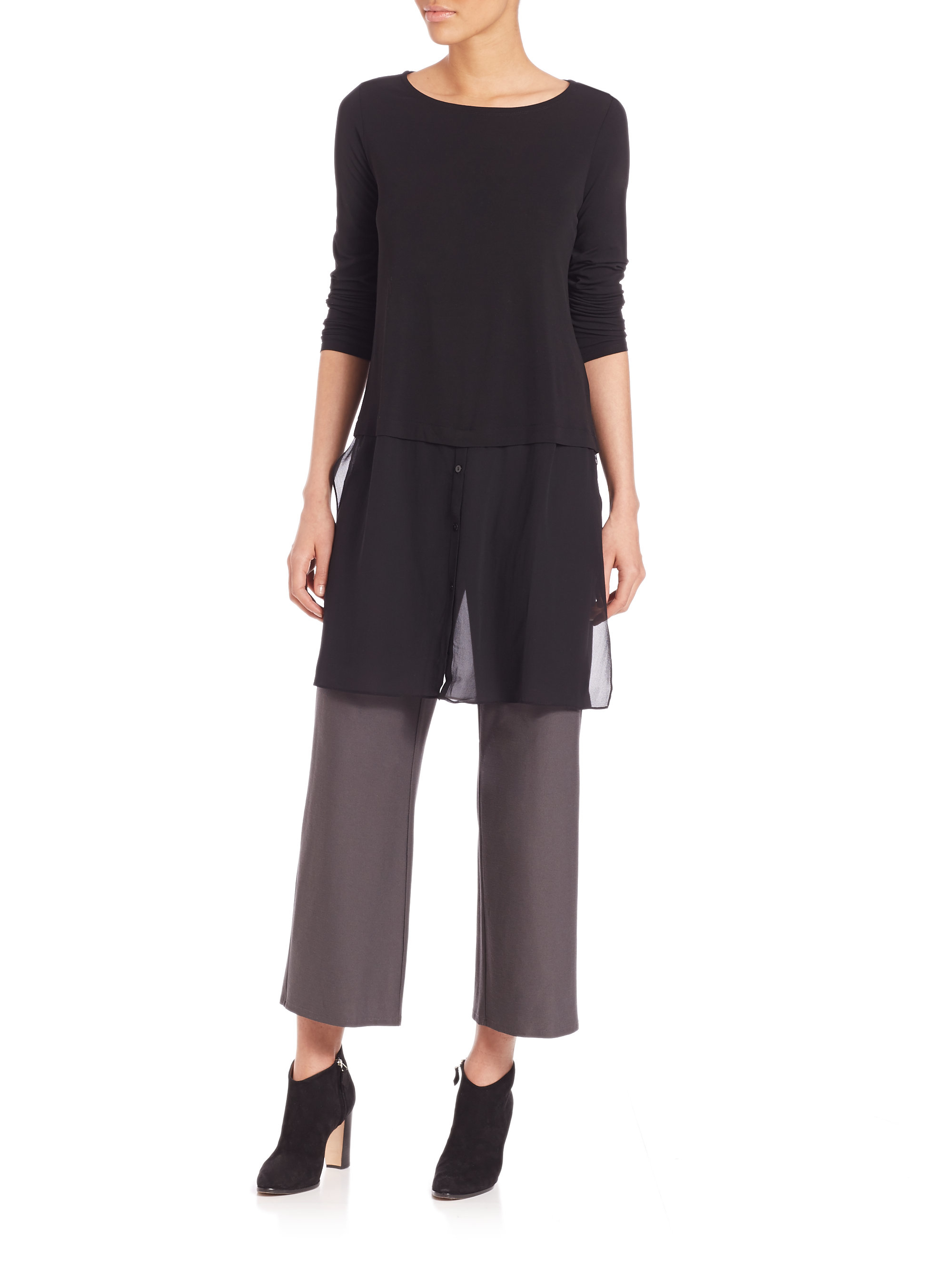 Eileen fisher Sheer Double-layer Silk Tunic in Black | Lyst
