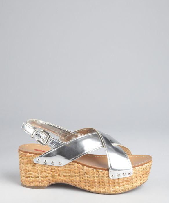 Lyst - Prada Sport Silver Leather Stitched Woven Platform Sandals in Metallic