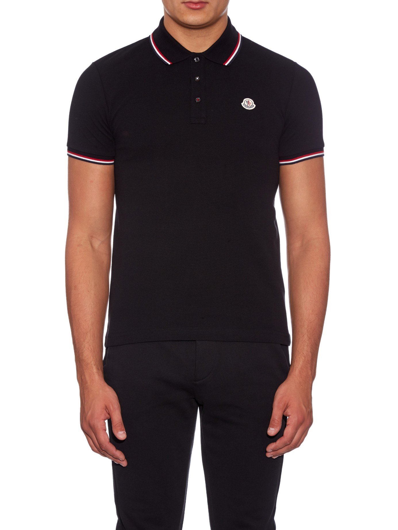 Moncler Striped-trim Cotton-piqué Polo Shirt in Black for Men | Lyst