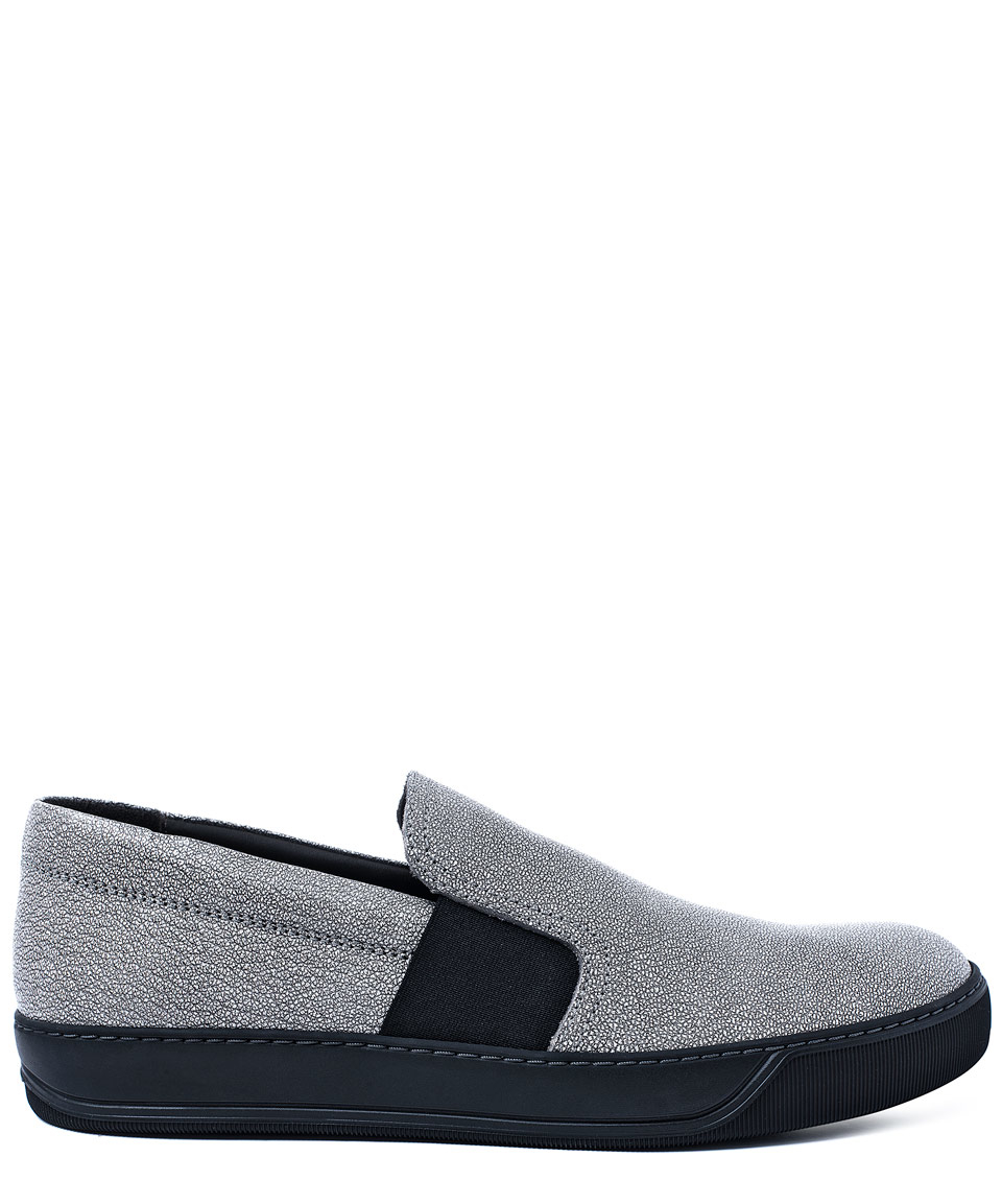 black and grey slip ons