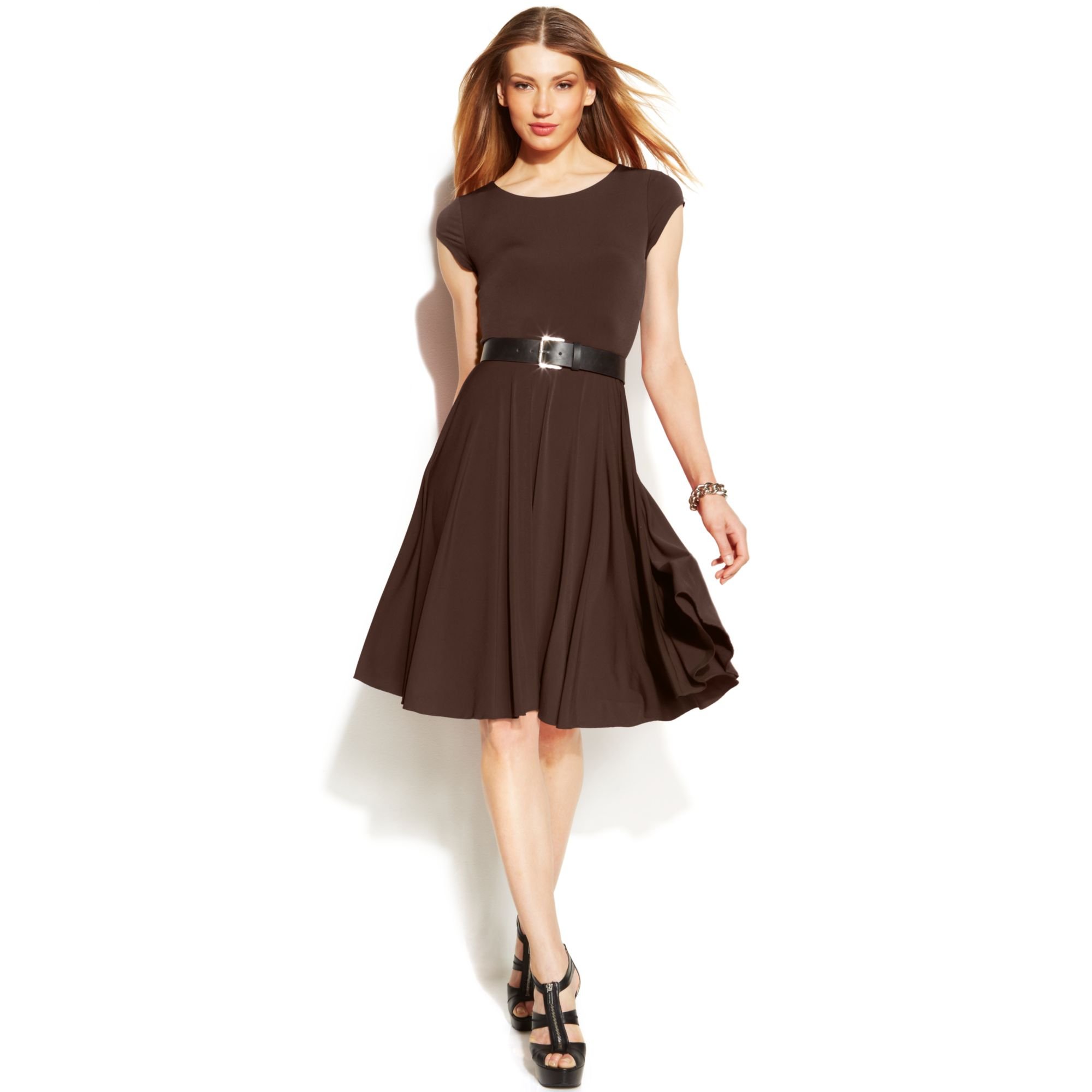 Michael kors Michael Capsleeve Belted Knit Dress in Brown | Lyst