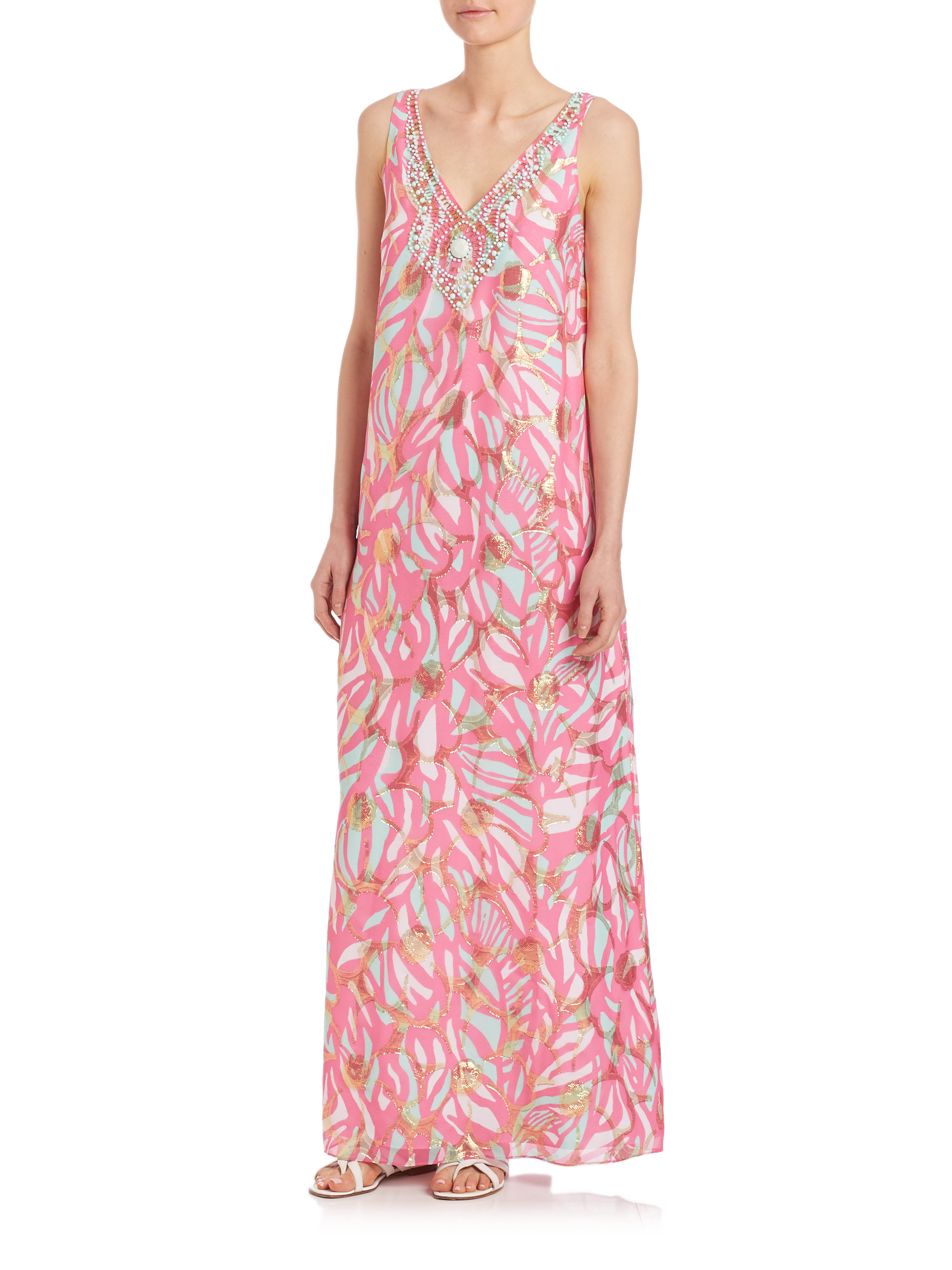 Lilly Pulitzer Mallory Metallic Silk Chiffon Maxi Dress in Pink - Lyst