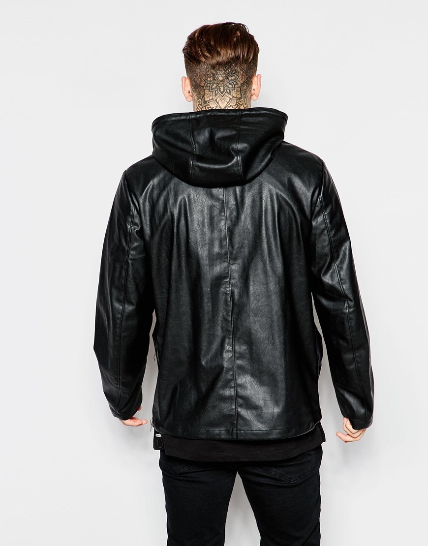 Lyst Asos Faux Leather Hooded Jacket  in Black for Men