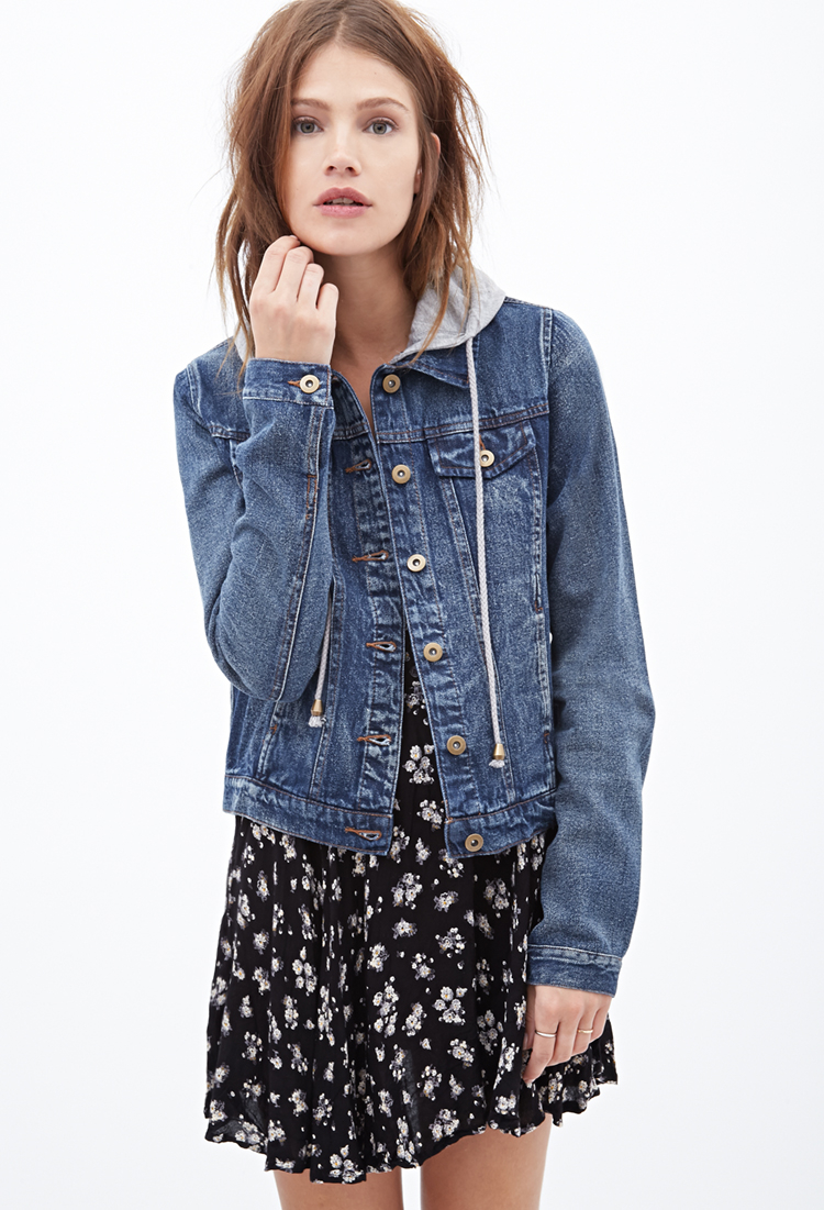 Forever 21 Hooded Denim Jacket in Blue | Lyst