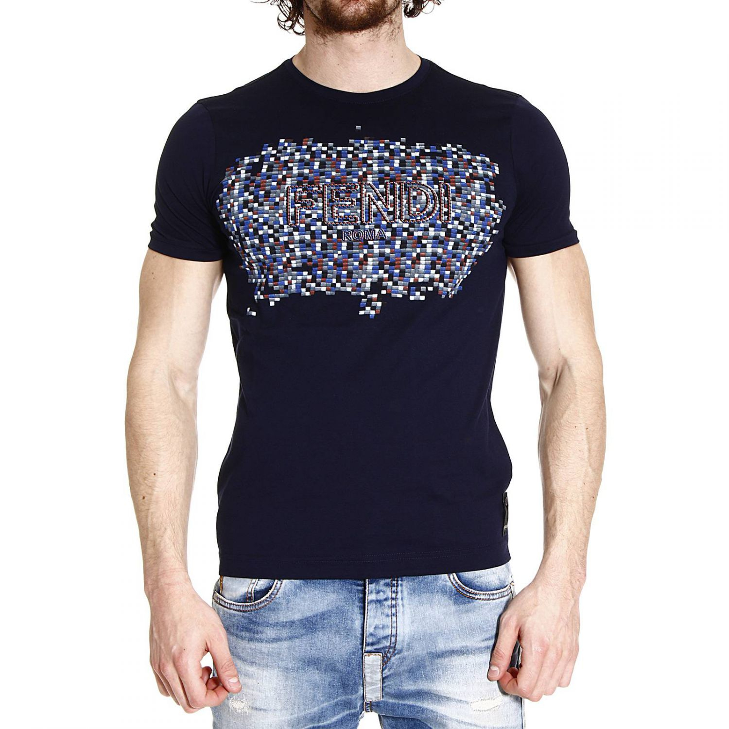 Fendi T-Shirt Half Sleeve With Print Scritta Mosaico in Blue for Men | Lyst