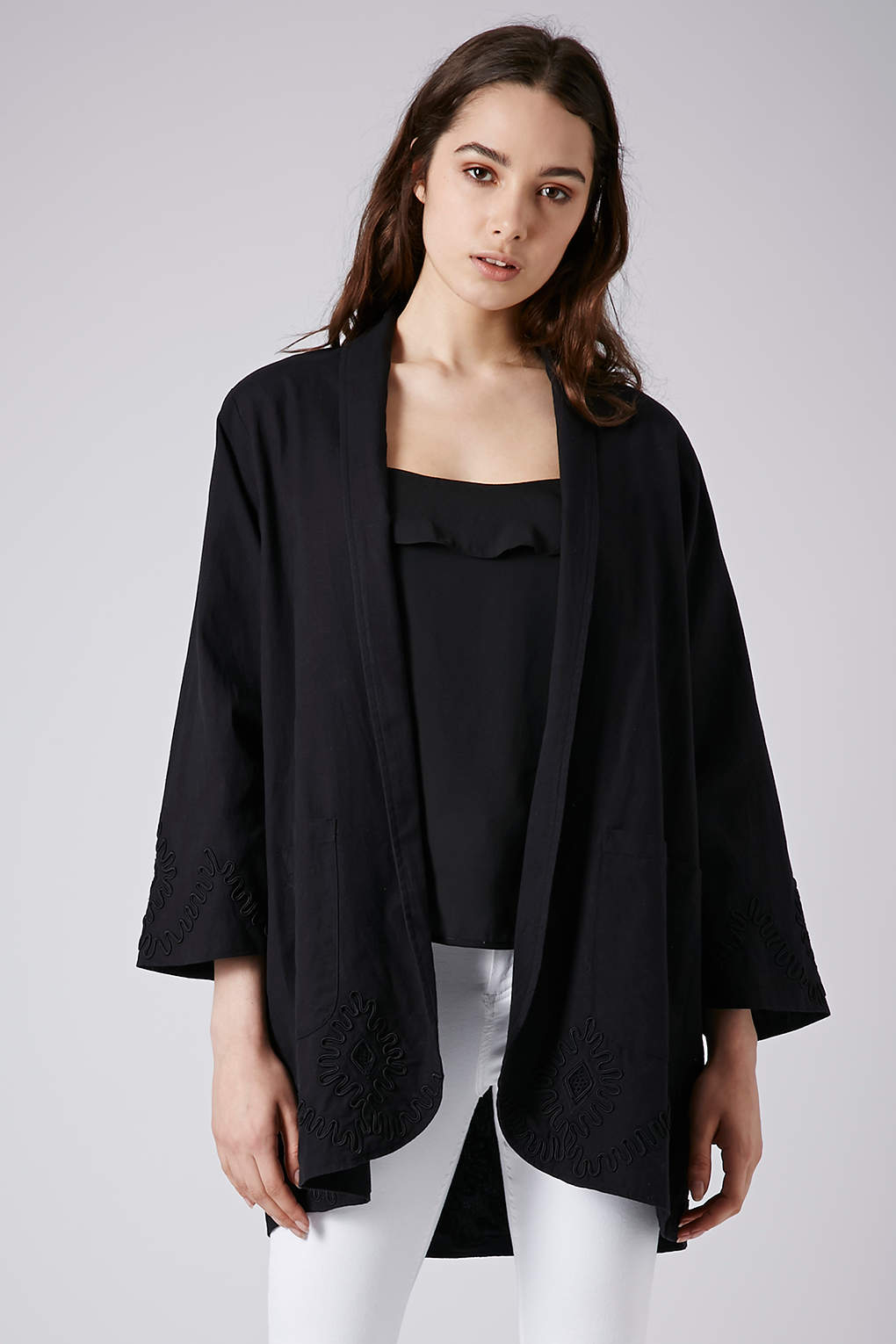 Topshop Embroidered Duster Jacket in Black | Lyst