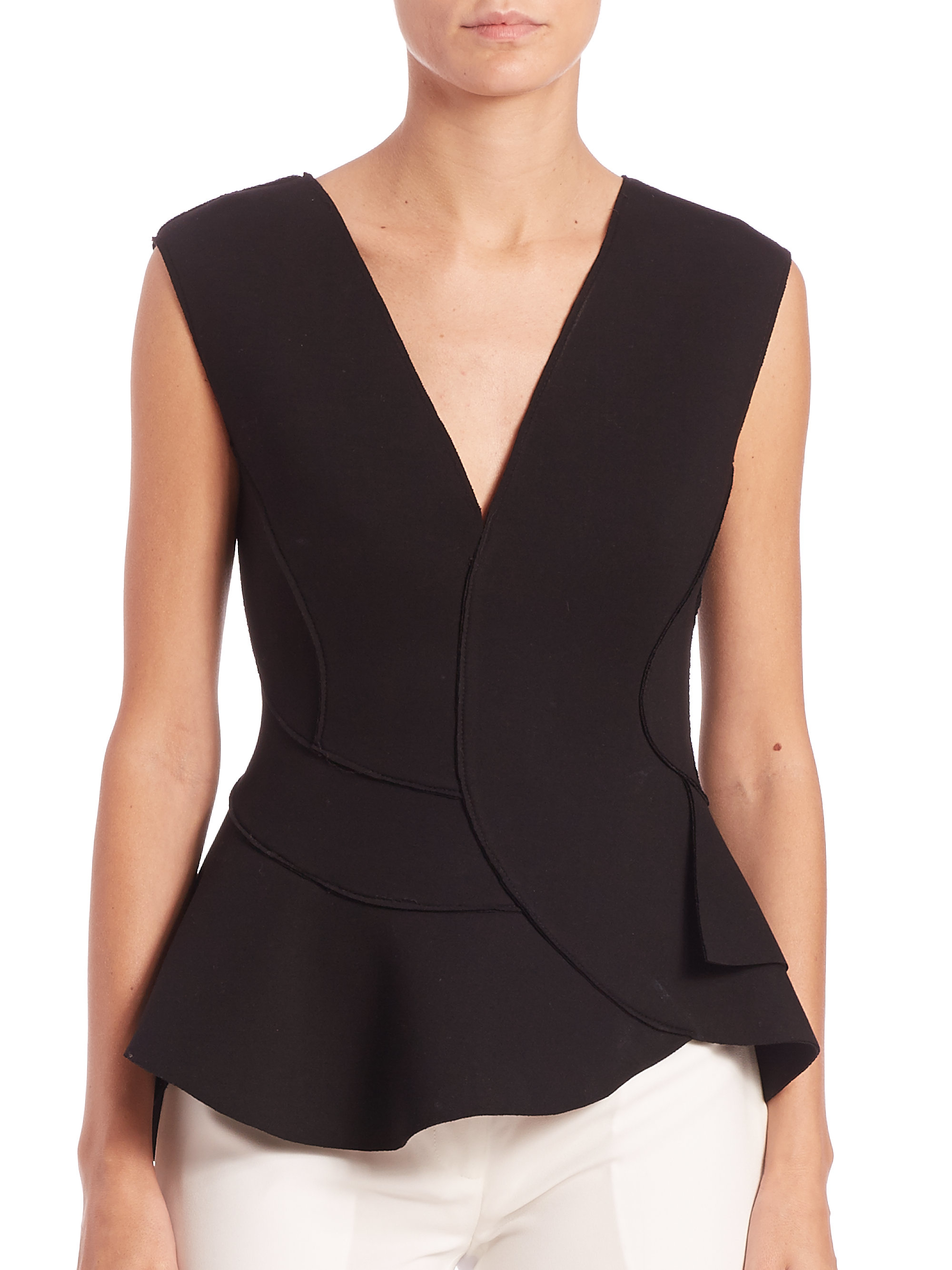 Dkny Ponte V-neck Ruffled Top in Black | Lyst