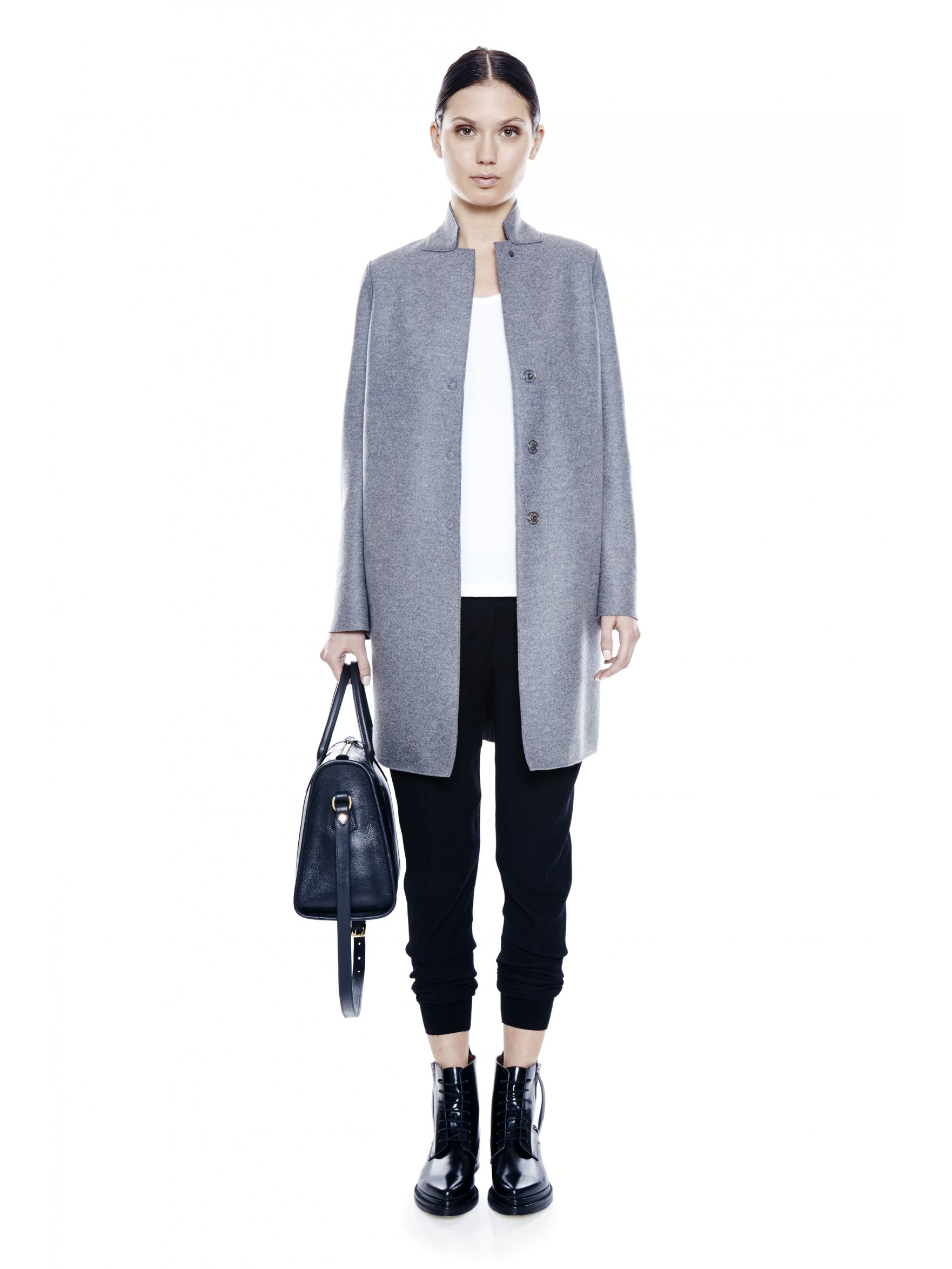 Grey Button Closure Long Sleeve Swing Coat